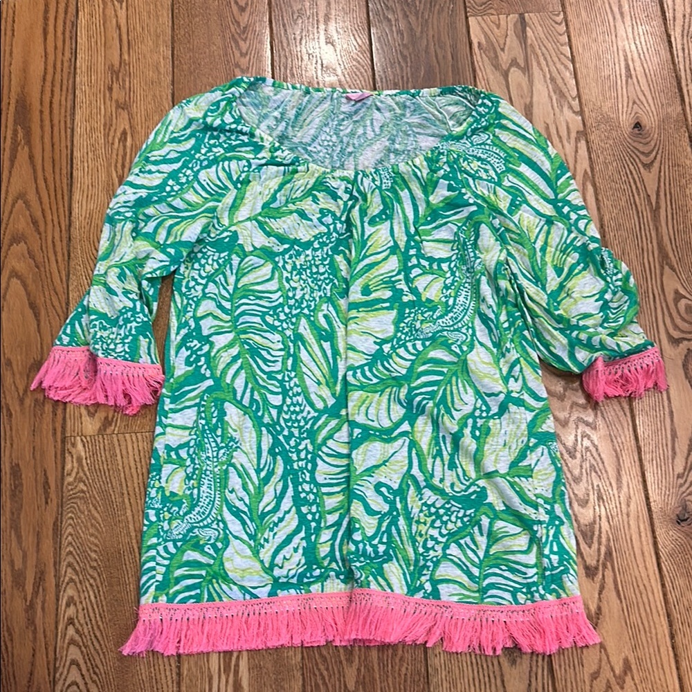 Lilly Pulitzer Green Leaf Print Dress with Pink Trim